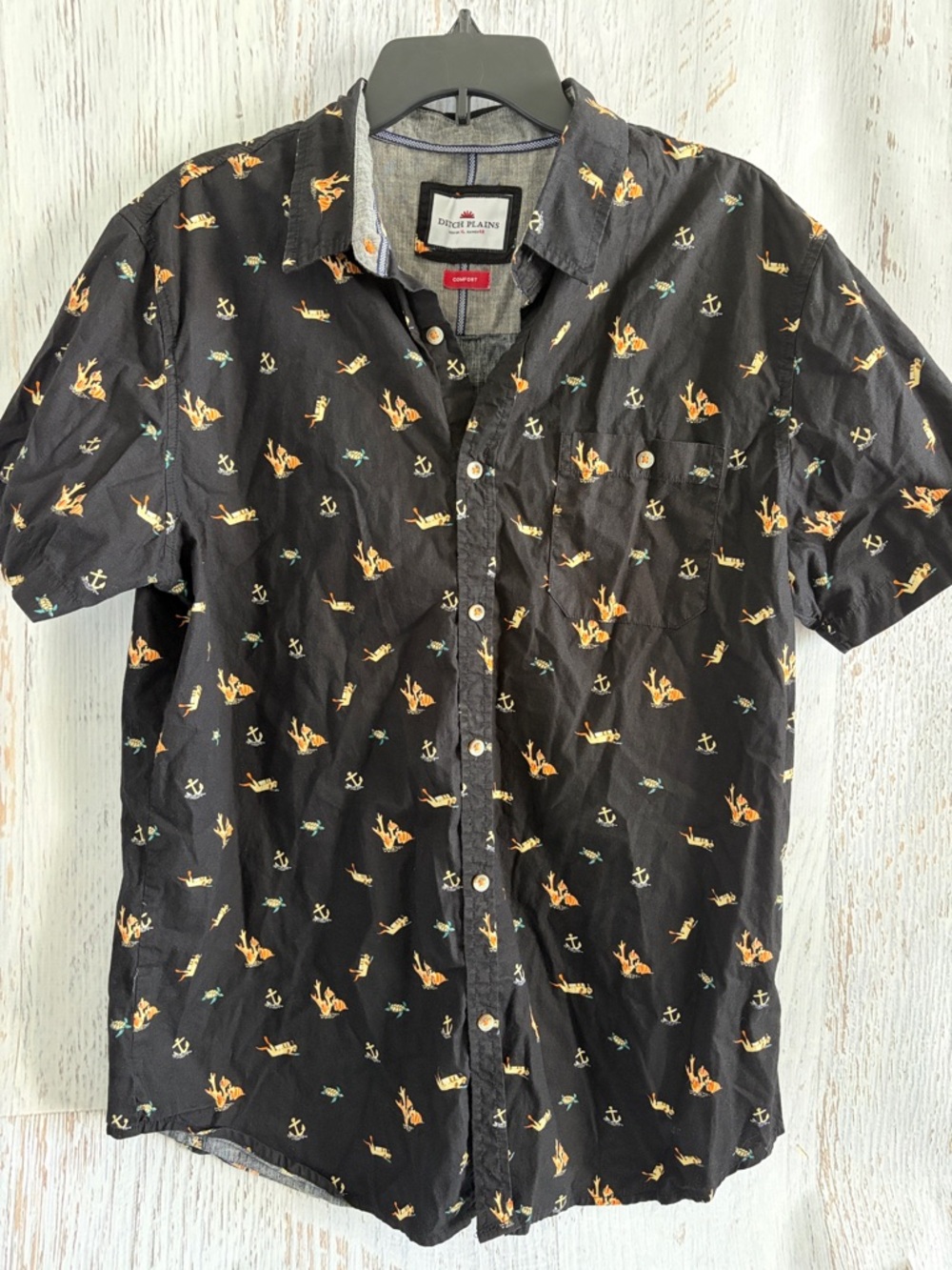 Ditch Plains Black Short-Sleeve Button-Down with Orange Nautical & Diver Motif